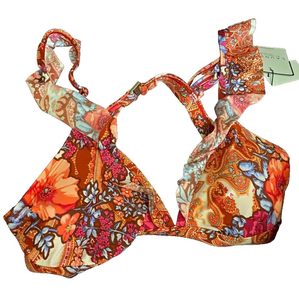 NWT Laundry Shelli Segal Paisley Floral Ruffle Bikini Top Size L Spice Print